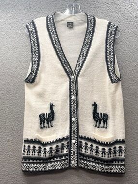 100% Peruvian Alpaca Wool Vintage Cardigan Vest Knit Made in Peru White Black